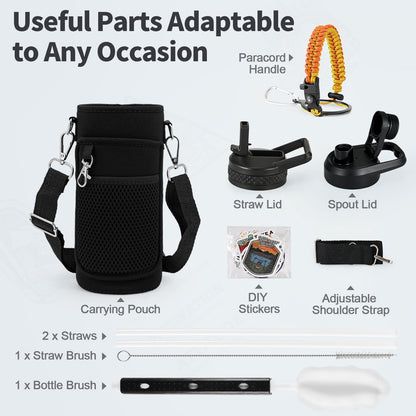 WixByti 40 oz Insulated Water Bottle with Straw (Cold for 36 Hrs), Stainless Steel Triple Wall Vacuum Sports Water Jug, Leakproof Hydro Cup Flask with Paracord Handle & Straw Spout Lids & DIY Stickers