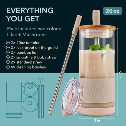 Pandaloo® Glass Cups With Lids and Straws -20 Fl Oz- Perfect Size Iced Coffee Cup - Smoothie Cup With Bamboo Lid and On the go Lid - Glass Tumbler With Straw (1 Count (Pack of 1), Lilac Rhapsody)