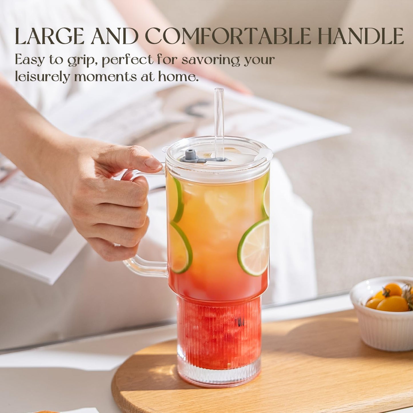 KEMORELA Large 26oz Clear Glass Mug with Handle and Sliding Lid – Aesthetic Ribbed Tumbler for Iced Coffee, Smoothies & Hot Drinks – Reusable Travel Cup with Straw, Dishwasher Safe (Ribbed Tumbler)