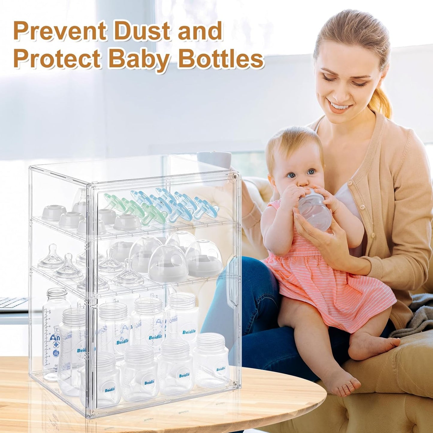 ERTIUANIO Baby Bottle Organizer – 3 Tier Bottle Storage Organizer Baby for Nipples, Pump Parts, Food Jars – Clear Acrylic Bottle Station Organizer for Countertop and Kitchen, Gifts for New Mom