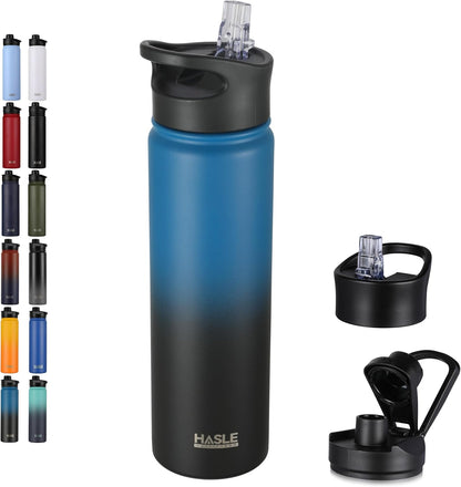 HASLE OUTFITTERS 32 oz Insulated Water Bottle Stainless Steel Double Walled Vacuum Sports Water Bottle with 2 Lids (Straw and Spout Lid) for Gym Camping Hiking(Black,1)