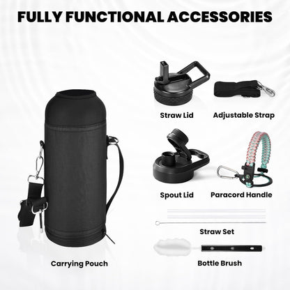 RAYMYLO One Gallon Water Bottle Insulated, Triple Walled Vacuum Stainless Steel (Cold for 48 Hrs), Leak Proof & Non-BPA, Large Water Flask Jug with Paracord Handle & Straw Spout Lids