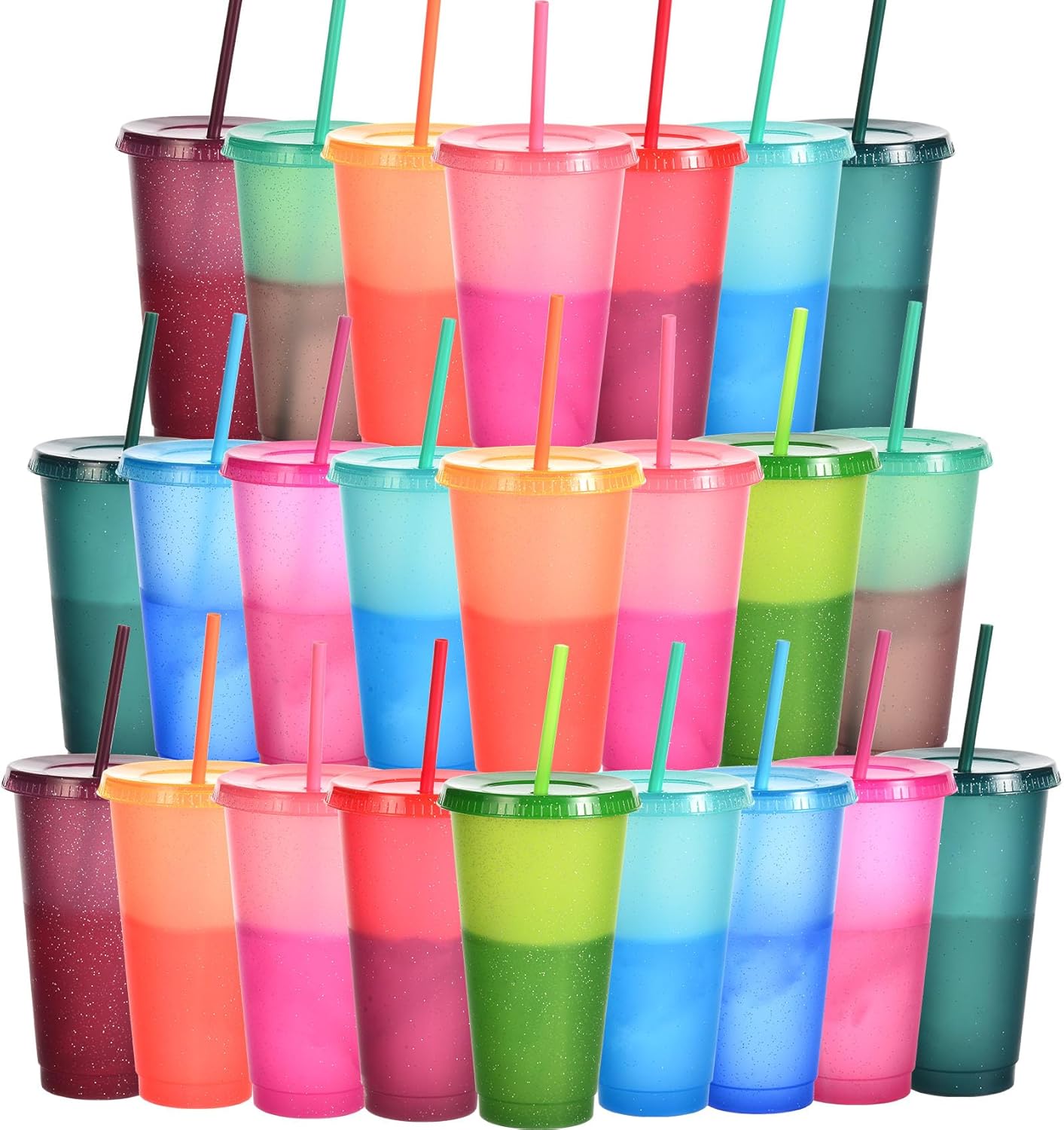 Color Changing Cups, 5 Pack 24oz Plastic Tumblers, Reusable Iced Coffee & Smoothie Cups with Lids and Straws for Parties and Travel