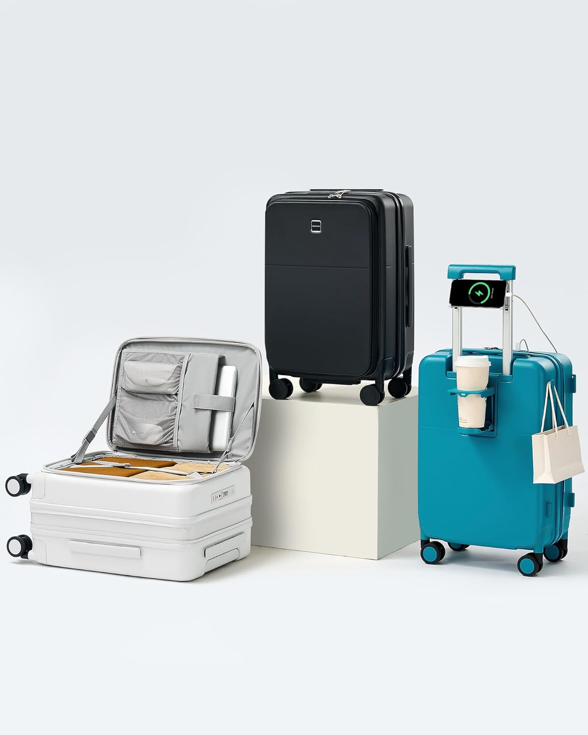 Hanke 20 Inch Expandable Carry On Luggage with Cup Holder 22x14x9 Airline Approved, Top Opening Hard Shell Suitcases with Wheels, Carry-On Travel Suitcase Trunk Luggage with Lock, Smoke White