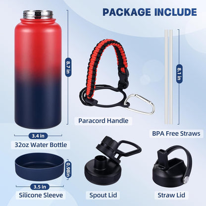 Insulated Water Bottle, 32 oz Stainless Steel Wide Mouth Water Bottles with 2 Leak Proof Lid and Paracord Handle, Double Wall Vacuum Insulated Sports Water Bottle, Purple Black