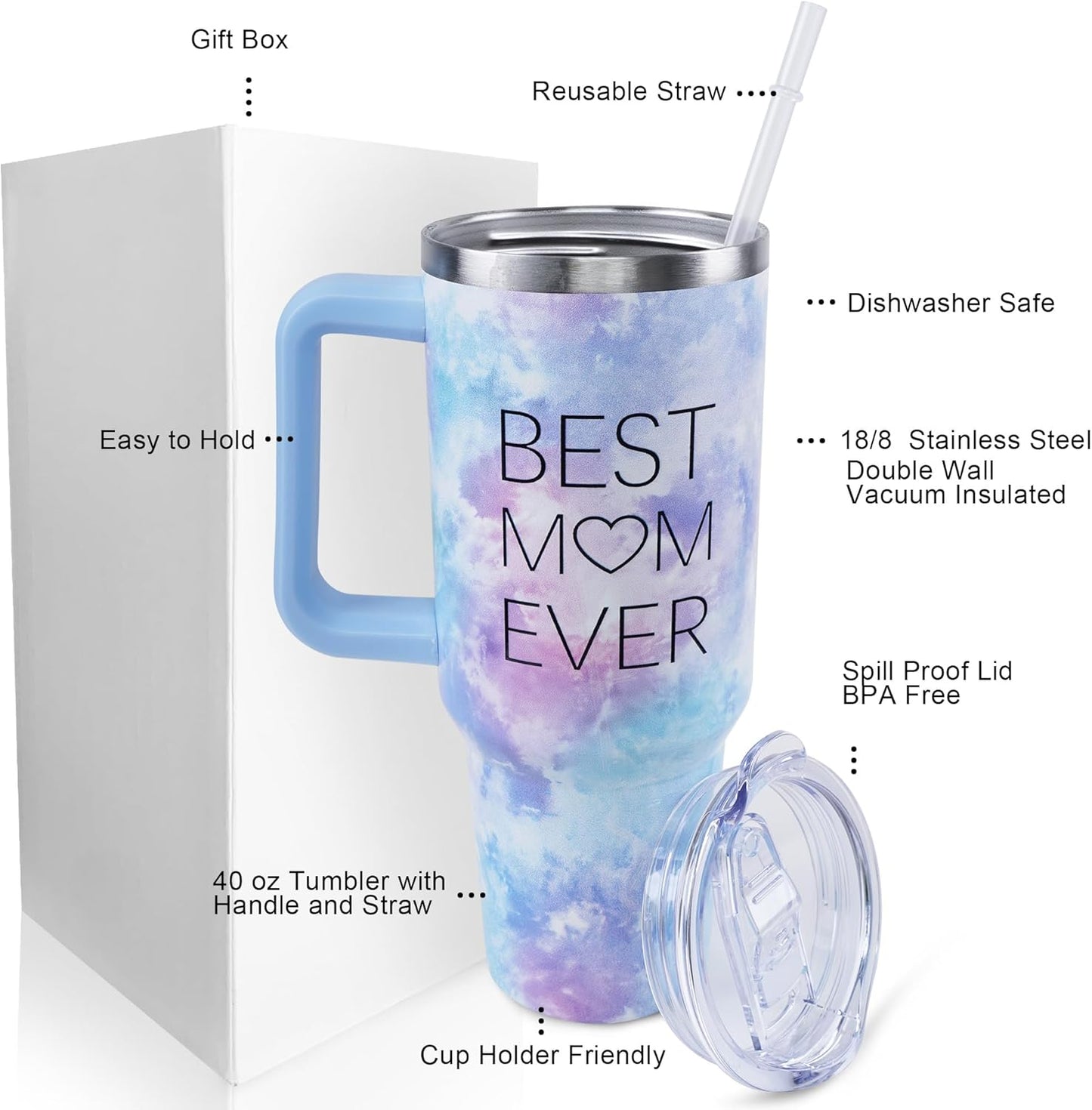 40 oz Tumbler with Handle and Straw Lid Leak Proof | You're Awesome Inspirational Mother's Day Birthday Gifts for Women Men Coworker Friends | Stainless Steel Cup Dishwasher Safe