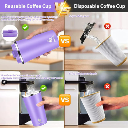 Insulated Travel Coffee Mug Reusable Coffee Tumbler Cup with Flip Lid Leak Proof Spill Proof for Office School Party Camping Hot and Cold Drink,Stainless Steel 17oz (Black)