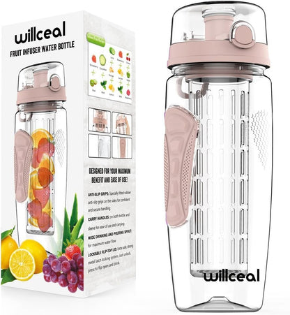 Fruit Infuser Water Bottle 32oz- Durable, Large - BPA Free Tritan, Flip Lid, Leak Proof Design - Sports, Camping
