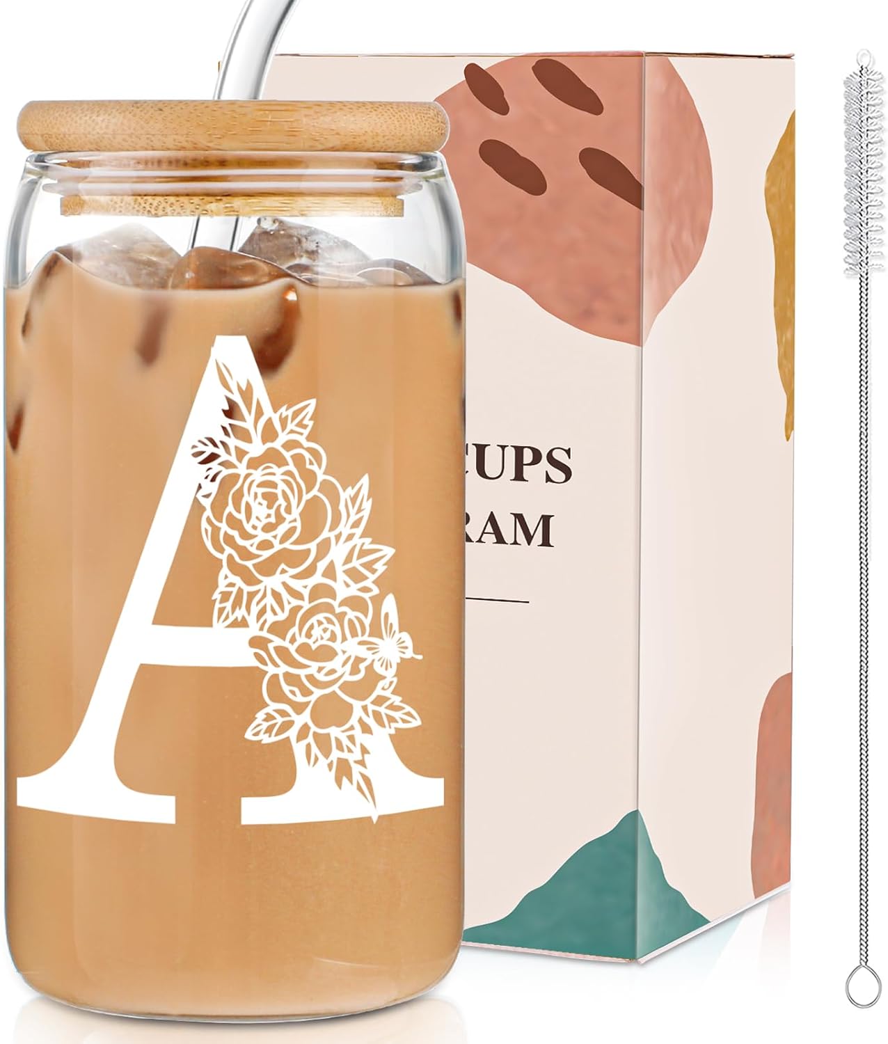 Glass Cups with Lids and Straws: Personalized Initial Glass Cup Be Used As Reusable Iced Coffee Cups with Lids,Cute Matcha Tumbler - The Christmas/Birthday Gifts for Women - M Smoothie Cup