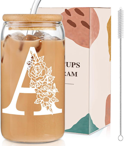 Glass Cups with Lids and Straws: Personalized Initial Glass Cup Be Used As Reusable Iced Coffee Cups with Lids,Cute Matcha Tumbler - The Christmas/Birthday Gifts for Women - M Smoothie Cup