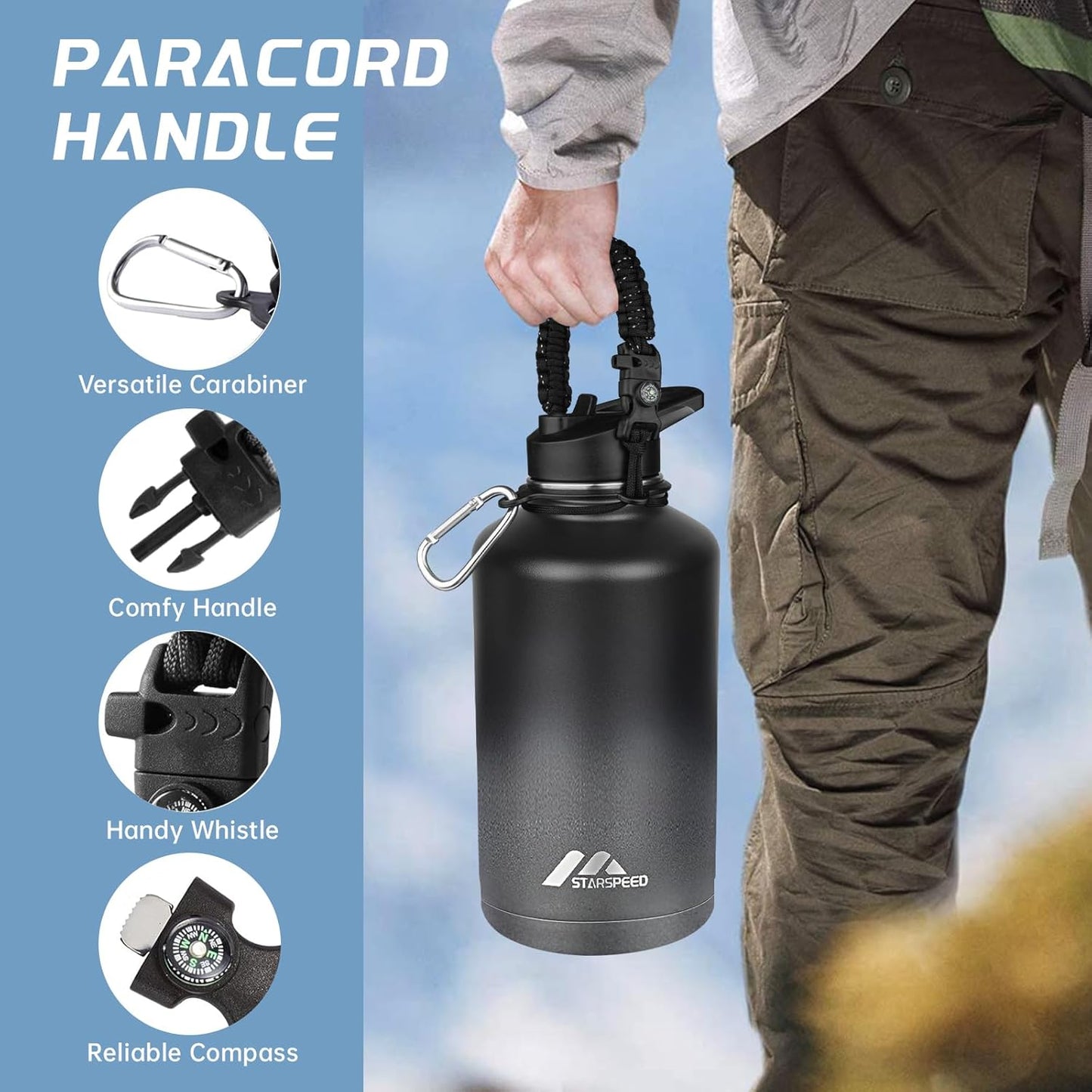 StarSpeed 32oz Insulated Water Bottle with Straw Lid, Stainless Steel Double Walled Vacuum Water Flask, Wide Mouth Sports Water Bottle for Gym Camping Hiking, Indigo Black