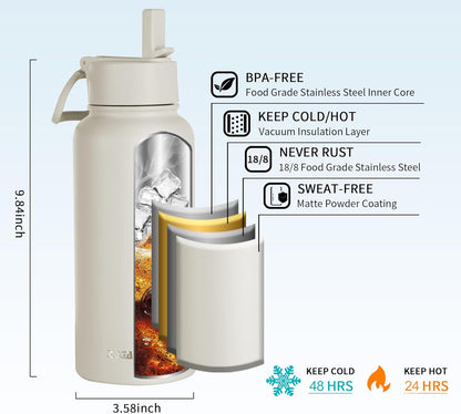 KXIAOCHEN Insulated Water Bottle With Strap, Cold For 48 Hrs Leak Proof, Triple Wall Stainless Steel Sports Water Bottle With Straw And Spout Lid For Gym Hiking Travel