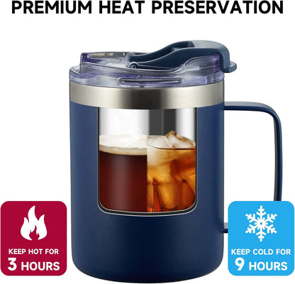 12oz Insulated Coffee Mug Cup with Handle, Stainless Steel Travel Coffee Mug with Flip Lid, Double Wall Vacuum Coffee Tumbler, Navy