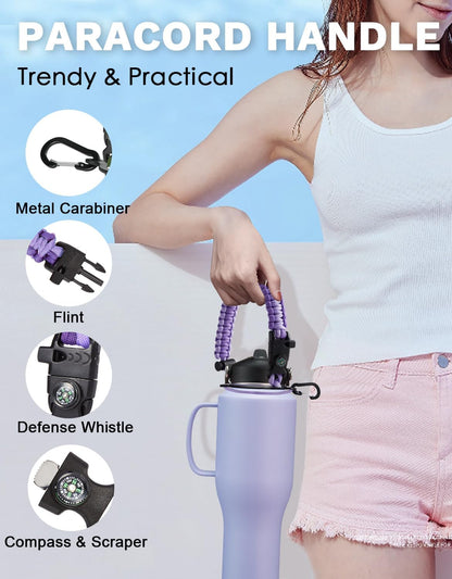 Insulated Water Bottle 40 oz - Fits in any Car Cup Holder, Keep Cold 48H Hot 24H, Stainless Steel Waterbottle Double Wall Flask with Straw, Pop-up Spout Lid, Paracord Handle, Carrier Bag