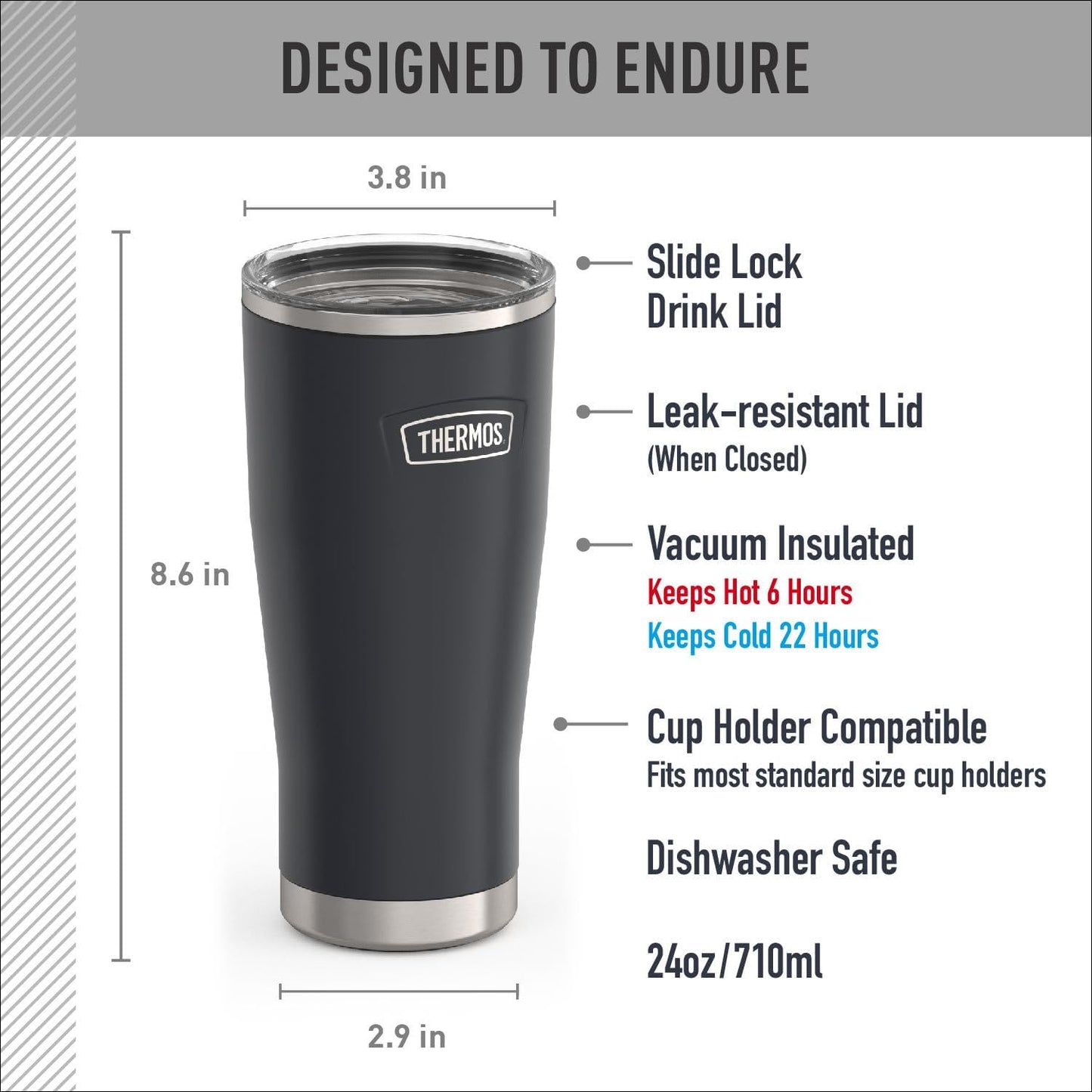 THERMOS ICON SERIES, Stainless Steel Tumbler with Slide Lock, 18 Ounce, Mystic Navy