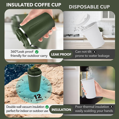 Volhoply 12 oz Double Wall Insulated Vacuum Travel Coffee Mugs with Flip Lid Bulk 2 Pack,Reusable Stainless Steel Leak Proof Coffee Cup,Portable Cafe Thermal Tumbler for Hot & Cold Drinks(Mix,2 Set)