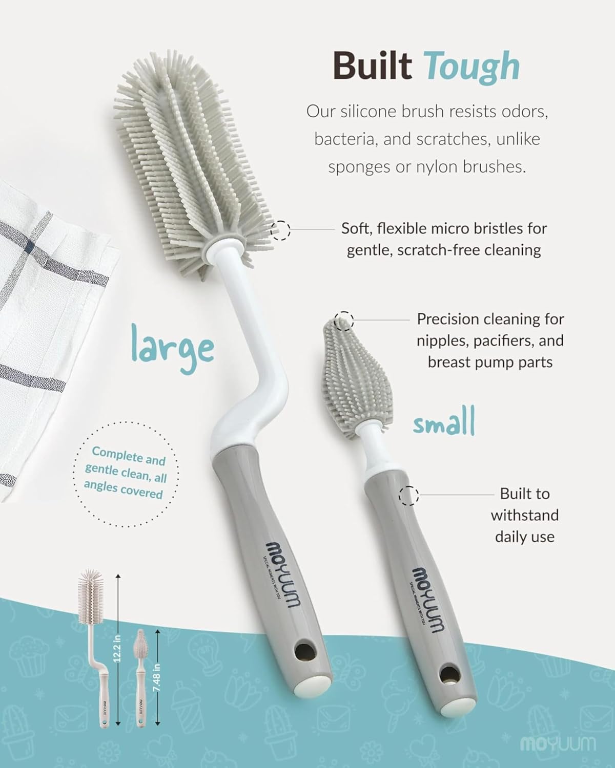 Moyuum Silicone Baby Bottle and Nipple Brush Set | Made in Korea, 360 Degree Rotating Handle, Soft Bristles, Hanging Hole for Quick Drying and Storage, Dishwasher Safe (Cool Grey)