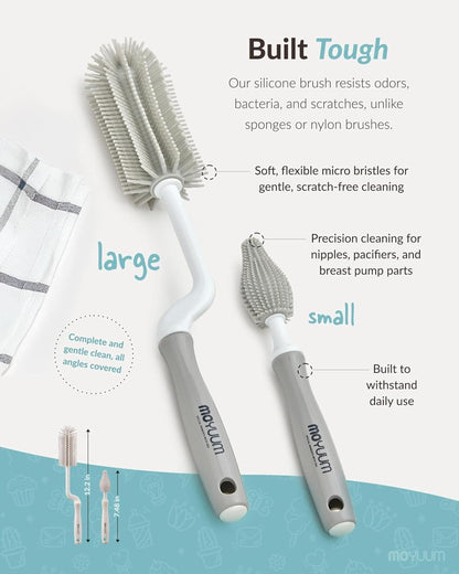 Moyuum Silicone Baby Bottle and Nipple Brush Set | Made in Korea, 360 Degree Rotating Handle, Soft Bristles, Hanging Hole for Quick Drying and Storage, Dishwasher Safe (Cool Grey)