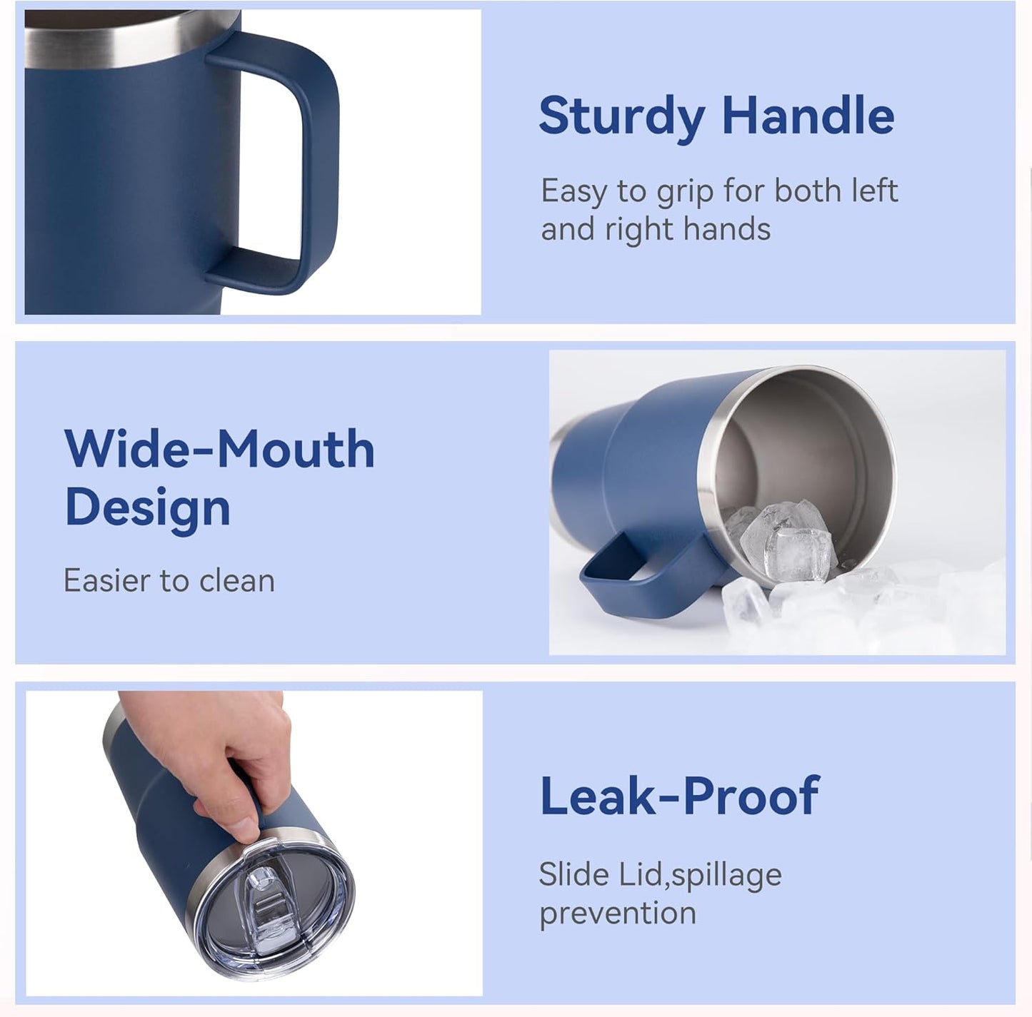 HASLE OUTFITTERS 20oz Tumbler with Handle & Lid, Insulated Stainless Steel Travel Mug, Leakproof Cup for Coffee, BPA-Free Double-Wall Vacuum Tumblers for Hot/Cold Drinks, Commuter, Gym, Office, Blue