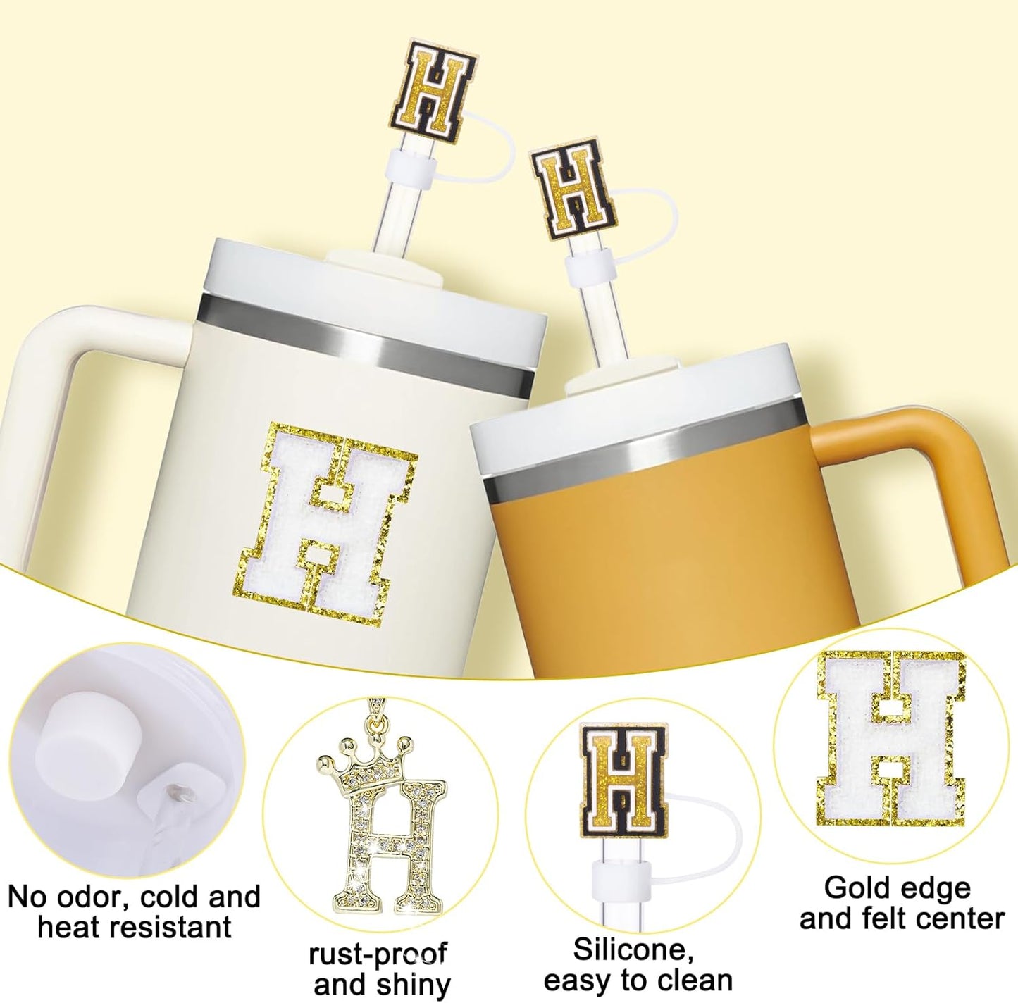Mity Rain 6pc Cup Accessories Set for Stanley 30 oz & 40 oz Tumbler with Handle, Including Straw Cover Cap, Cup Initials Charm, Silicone Boot, Round & Square Spill Proof Stopper