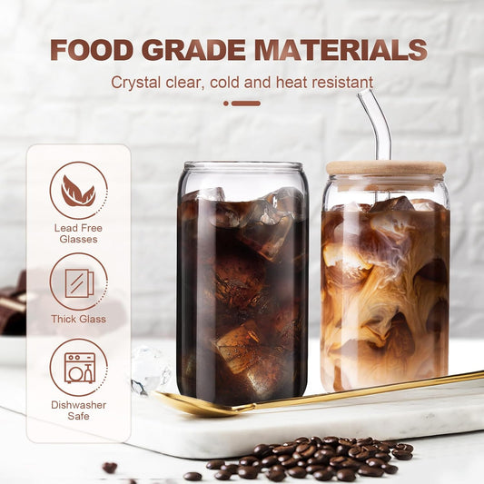 DWTS DANWEITESI Iced Coffee Cups with Lids 2 pcs,16 oz Glass Cups with Lids and Straws as Coffee Bar Accessories,Beer Drinking Glasses,Reusable Glass Tumbler,Cute Coffee Cups for Coffee, Juice, Gifts