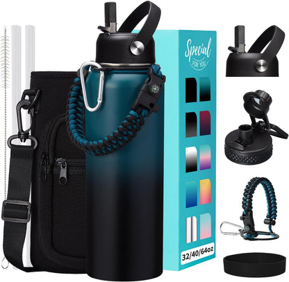 32/40/64OZ Insulated Water Bottle - Keep Cold 48H Hot 24H, Combo Straw/Spout Lids, Paracord Handle for Gym/Hiking, Carrier Bag +Strap, Cup Mat, BPA-Free Stainless Steel Flask Jug
