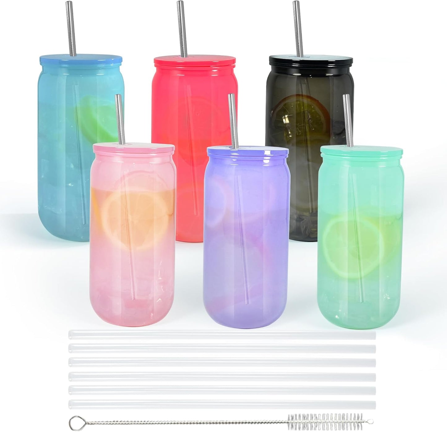 16oz Plastic Mason Jars, 6Pack Clear Mason Drinking Acrylic Cups with Lids and Stainless Steel Straws Iced Coffee Cups Shatterproof Unbreakable Tumblers for Smoothies, Beer, Coffee, Milk Tea, Colored
