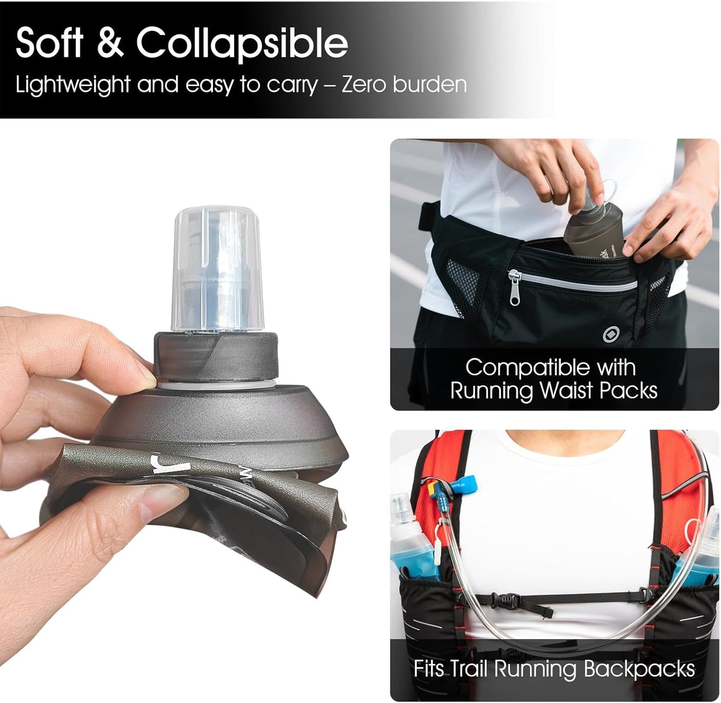 GYGYL Soft Flask, TPU Collapsible Soft Water Bottle for Hydration Pack, Running Vest, Leak-Proof Folding Water Bottle for Hiking Cycling Climbing Jogging-250ml Grey