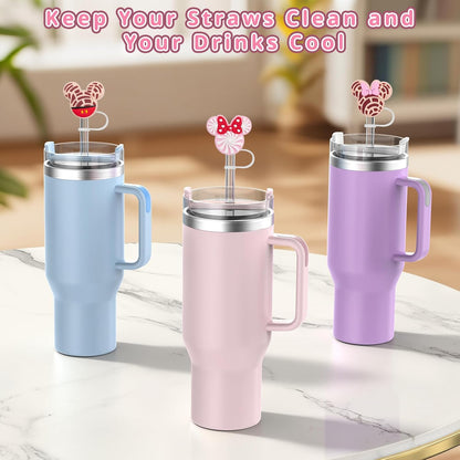 6PCS Straw Covers for Stanley Cup Tumbler 30 oz / 40 oz Leak Proof Straw Toppers 10mm Silicone Cute Straw Stopper Caps for Stanley Cup Accessories-Pink Mice