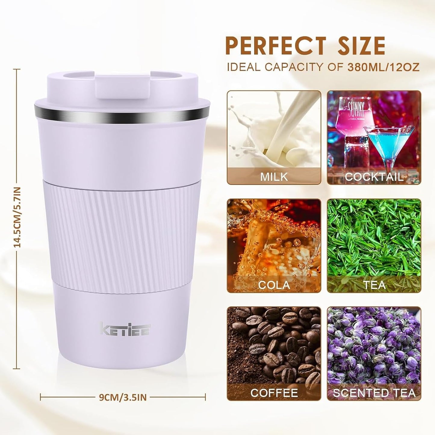 KETIEE Travel Coffee Mug Spill Proof 12oz, Insulated Travel Mug to Go, Reusable Coffee Cup with Seal Lid, Vacuum Stainless Steel Tumbler for Hot/Cold Drinks (Red)