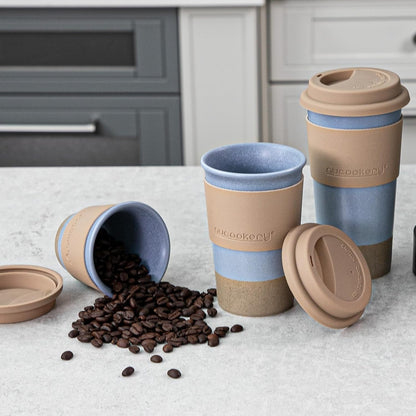 Nucookery Ceramic Travel Coffee Mug Set, Coffee Tumbler with Silicone Lid and Non-Slip Sleeve, Unique To Go Mug, Gifts for Women & Men, Microwave Safe Cappuccino, Tea, Latte, Iced-Coffee Cups, White