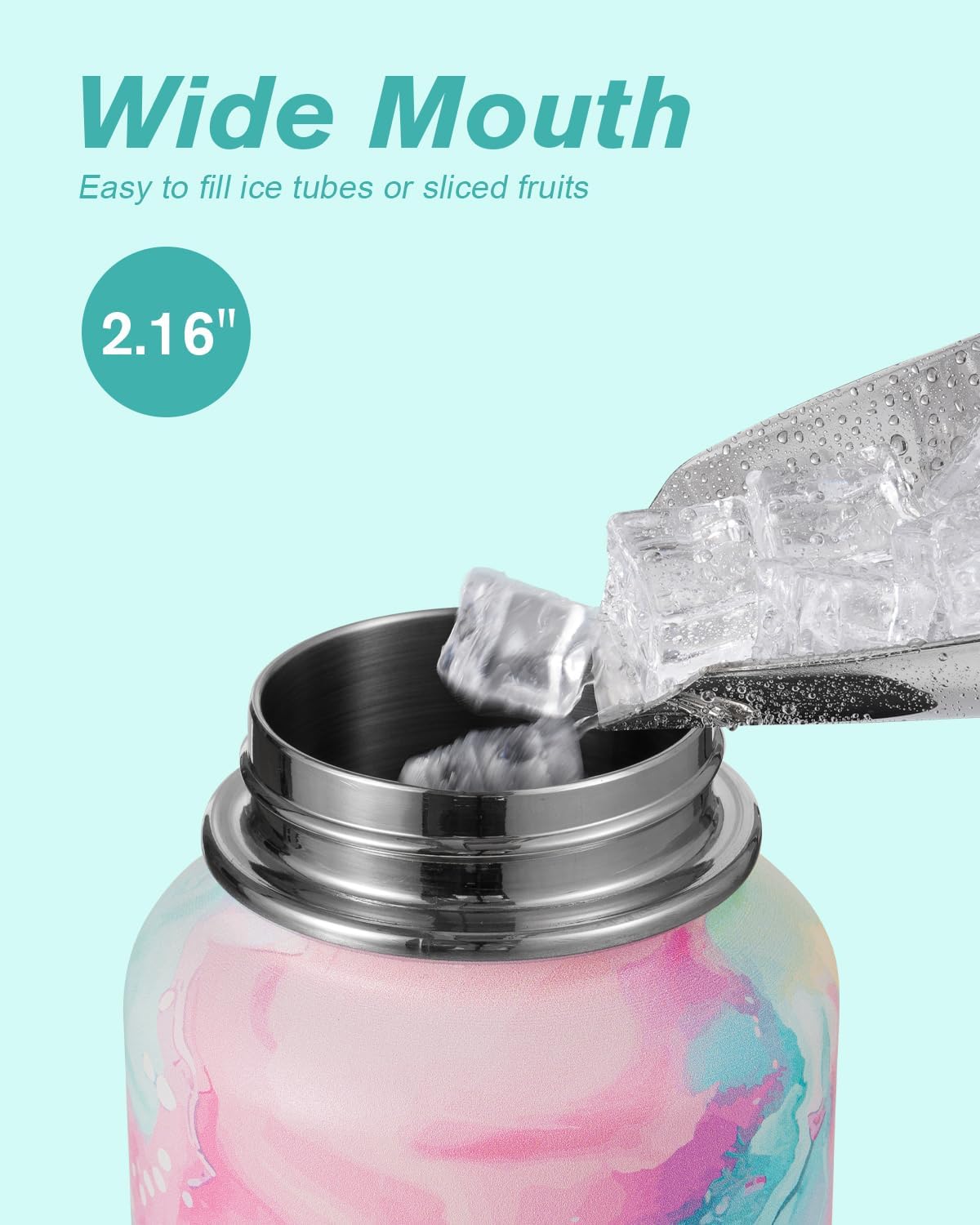Half Gallon Water Bottle Insulated with Straw & 3 Lids, Coolflask 64 oz Water Jug Large Metal Stainless Steel Wide Mouth for Sports, Gym or Office, Non-BPA Keep Cold 48H Hot 24H, Samurai Cyan