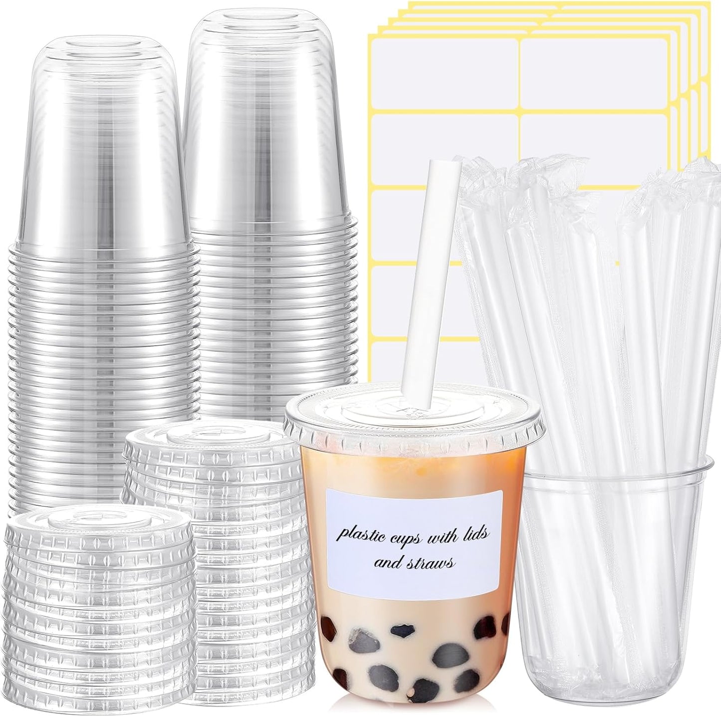 Ziliny 50 Sets Crystal Clear Plastic Cups with Lids, Straws and Stickers, Disposable Iced Coffee Cups Thickened PET for Iced Coffee, Bubble BobaTea, Smoothie, Cold Drinks, Juice, Shops (12 oz)