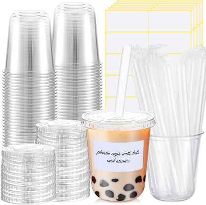 Ziliny 50 Sets Crystal Clear Plastic Cups with Lids, Straws and Stickers, Disposable Iced Coffee Cups Thickened PET for Iced Coffee, Bubble BobaTea, Smoothie, Cold Drinks, Juice, Shops (12 oz)