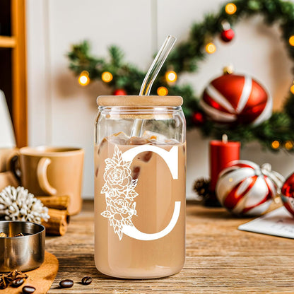 Glass Cups with Lids and Straws: Personalized Initial Glass Cup Be Used As Reusable Iced Coffee Cups with Lids,Cute Matcha Tumbler - The Christmas/Birthday Gifts for Women - M Smoothie Cup