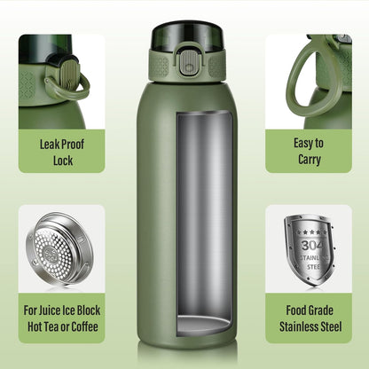 Insulated Water Bottle 24 oz with Dustproof Lid, Carry Handle & Tea Infuser, BPA-Free & Leakproof, Stainless Steel Water Bottles Ideal for Fitness, Hiking, Office & Outdoor Use (Black)