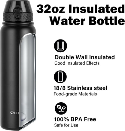 Oldley Insulated Water Bottle 20oz for Adults Kids Stainless Steel Water Bottles with Straw/Chug/Carabiner 3 Lids Fruit Strainer Double Wall Vacuum Wide Mouth BPA Free Leak-Proof for School Travel