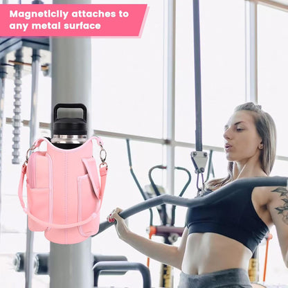 icolor Magnetic Gym Bag Water Bottle Carrier Holder with Phone Pockets & Shoulder Strap,Gym Magnetic Bag 5 Built-in Magnets Gym Accessories Organizer Sling Bottle Bag Pouch Sleeve