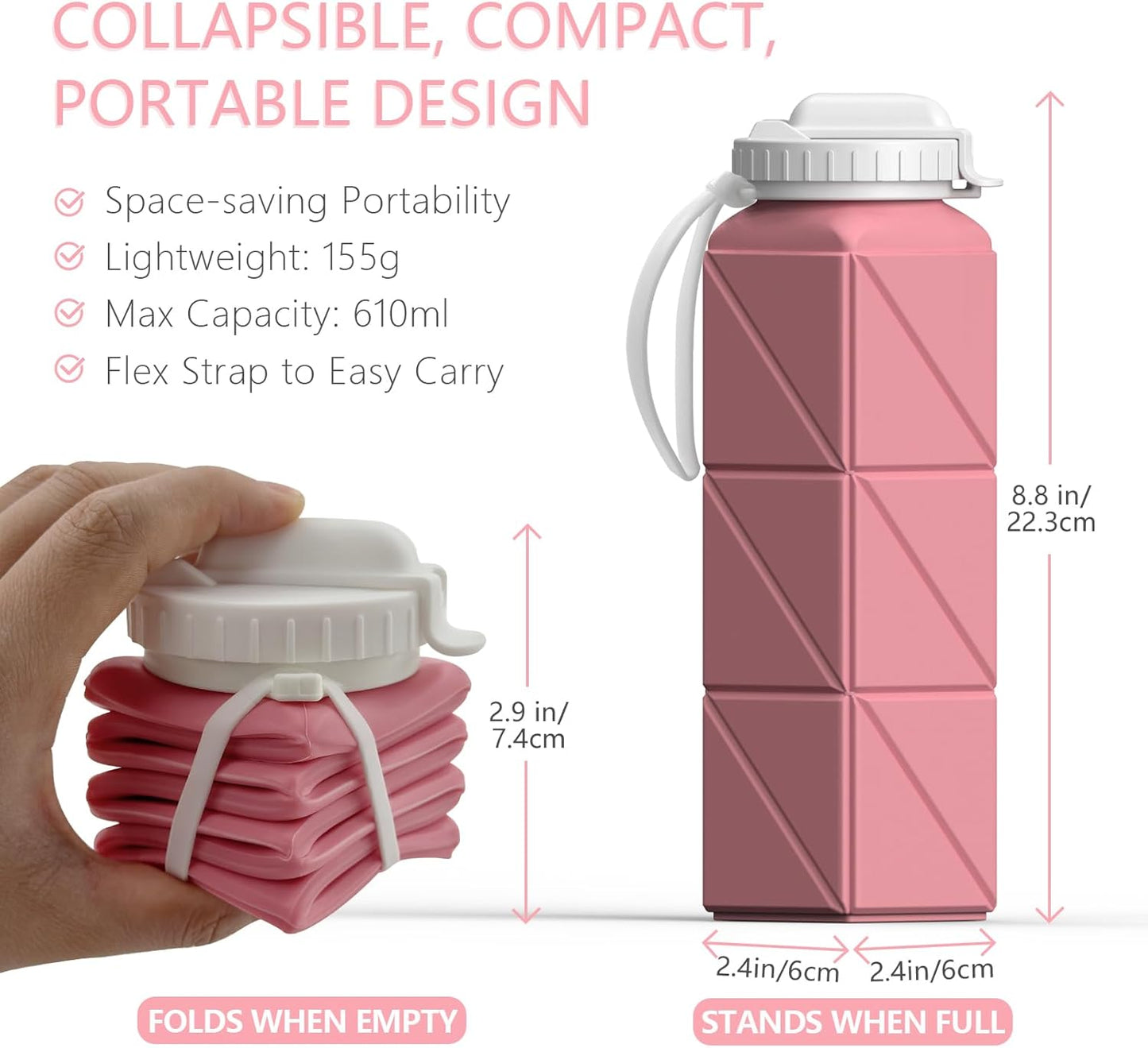 BEAUTAIL Collapsible Water Bottles 20.6oz, Silicone Foldable Portable Travel Water Bottle, Lightweight Reusable Leakproof for Traveling Camping Hiking Cycling Yoga Sports Outdoor