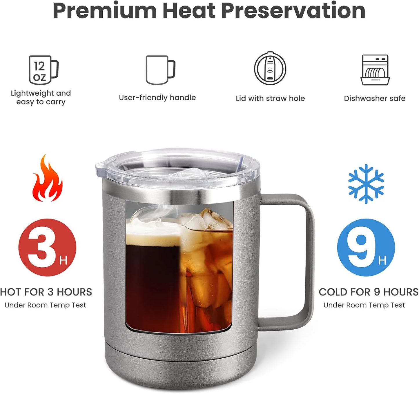 MEWAY 12oz Coffee Mug With Handle and Sliding Lid,Stainless Steel Travel Tumbler Cup with Handle,Double Wall Vacuum Insulated Camping Cup for Hot & Cold Drinks Tea (Black,Set of 1