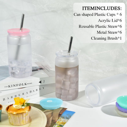 16oz Plastic Mason Jars, 6Pack Clear Mason Drinking Acrylic Cups with Lids and Stainless Steel Straws Iced Coffee Cups Shatterproof Unbreakable Tumblers for Smoothies, Beer, Coffee, Milk Tea, Colored