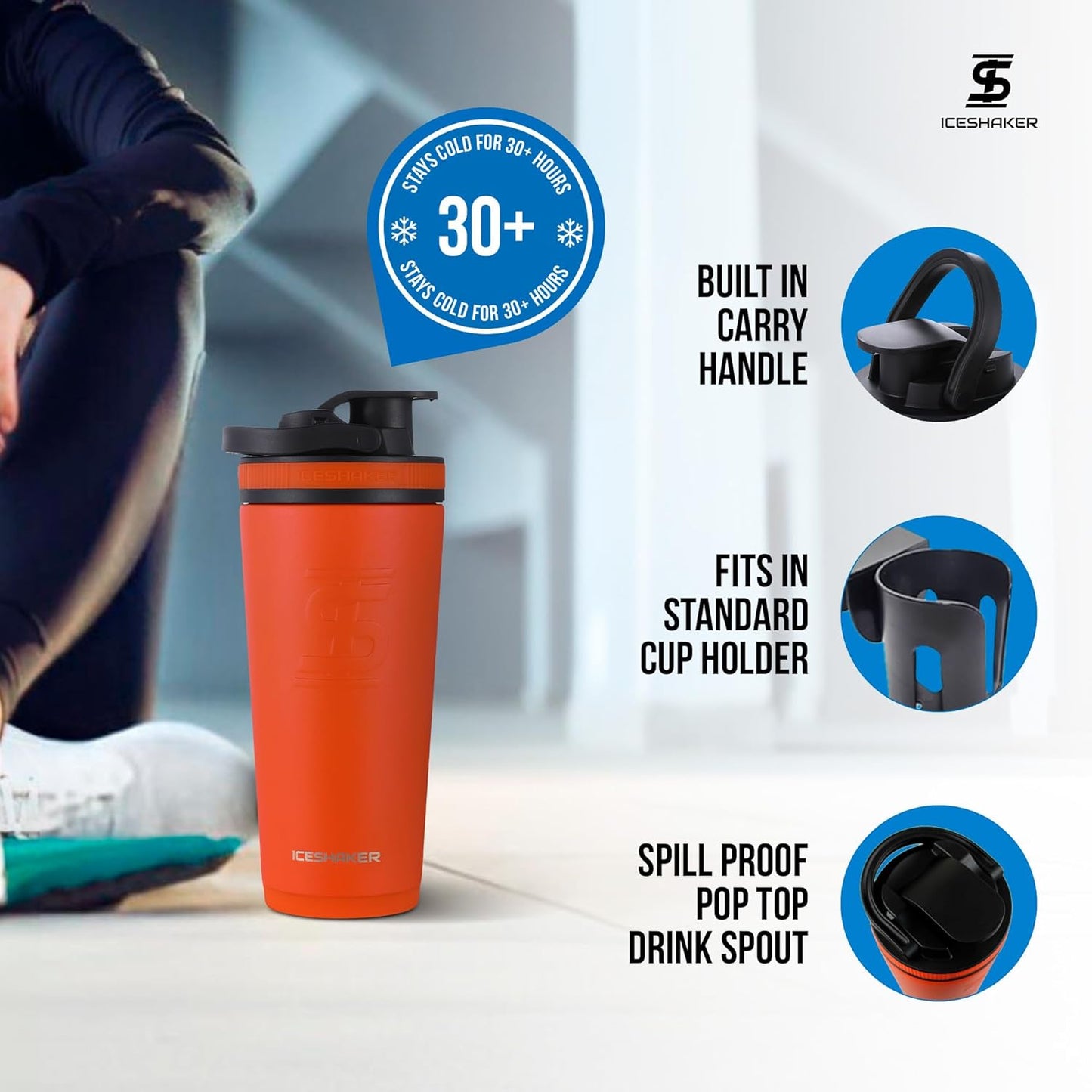 Ice Shaker Insulated Stainless Steel Shaker Bottle | 26oz, Black | Cold for 30+ Hours | Insulated Cup with Twist-on Agitator | Odor-Free Bottle for Protein Shakes, Water, Smoothies, Cocktails