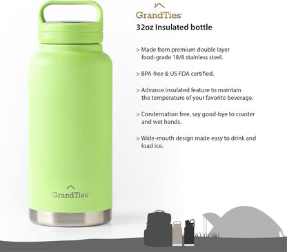 GRANDTIES 2 Lids Sports Stainless Steel Water Bottles – Wide Mouth Vacuum Insulated Reusable Leak Proof BPA-Free Travel Metal Canteen, Thermal Bottles for Men Women Gym (Ivory White 32 oz)