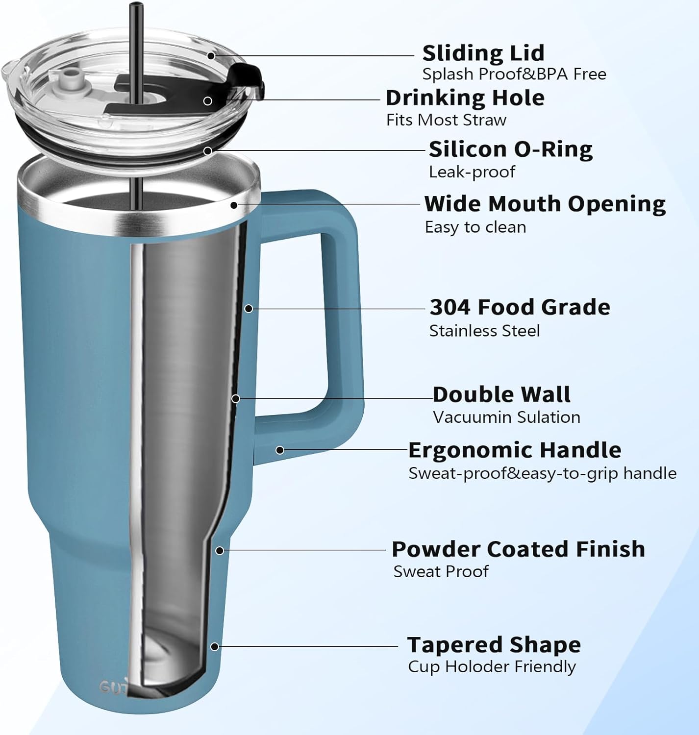 40 oz Tumbler with Handle, Insulated Tumbler with Lid and Straw, Reusable Stainless Steel Vacuum Insulated Cup, 100% Leak Proof Thermal Travel Coffee Mug Cup for Cold and Hot (Light Purple)