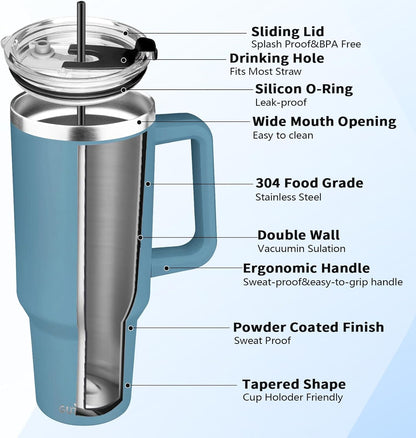 40 oz Tumbler with Handle, Insulated Tumbler with Lid and Straw, Reusable Stainless Steel Vacuum Insulated Cup, 100% Leak Proof Thermal Travel Coffee Mug Cup for Cold and Hot (Light Purple)