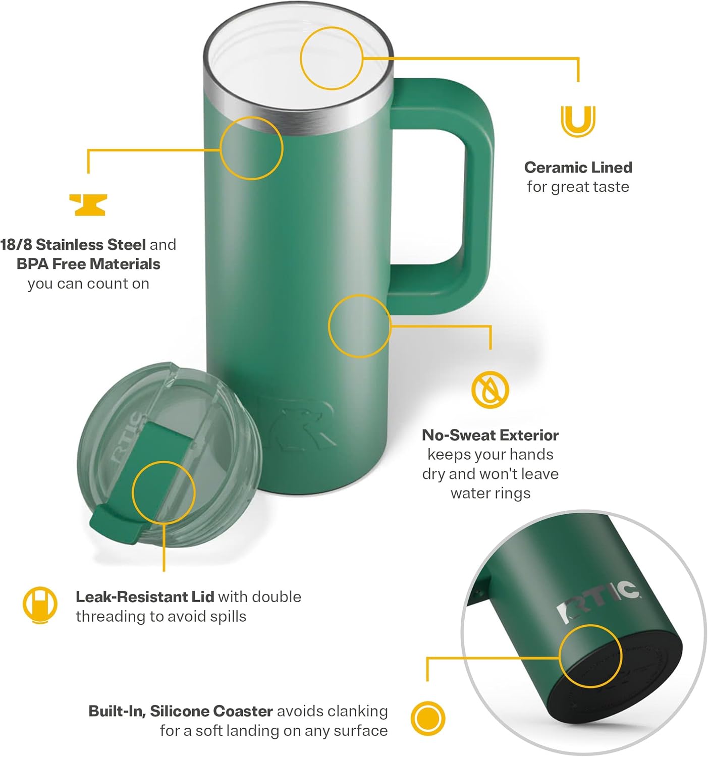 RTIC 20oz Road Trip Travel Mug with Lid and Handle, Ceramic Lined, Insulated, Stainless Steel, Metal, Double Wall Vacuum-Insulation, Portable Coffee, Tea Cup for Hot and Cold Drink, Black