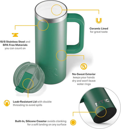 RTIC 20oz Road Trip Travel Mug with Lid and Handle, Ceramic Lined, Insulated, Stainless Steel, Metal, Double Wall Vacuum-Insulation, Portable Coffee, Tea Cup for Hot and Cold Drink, Black
