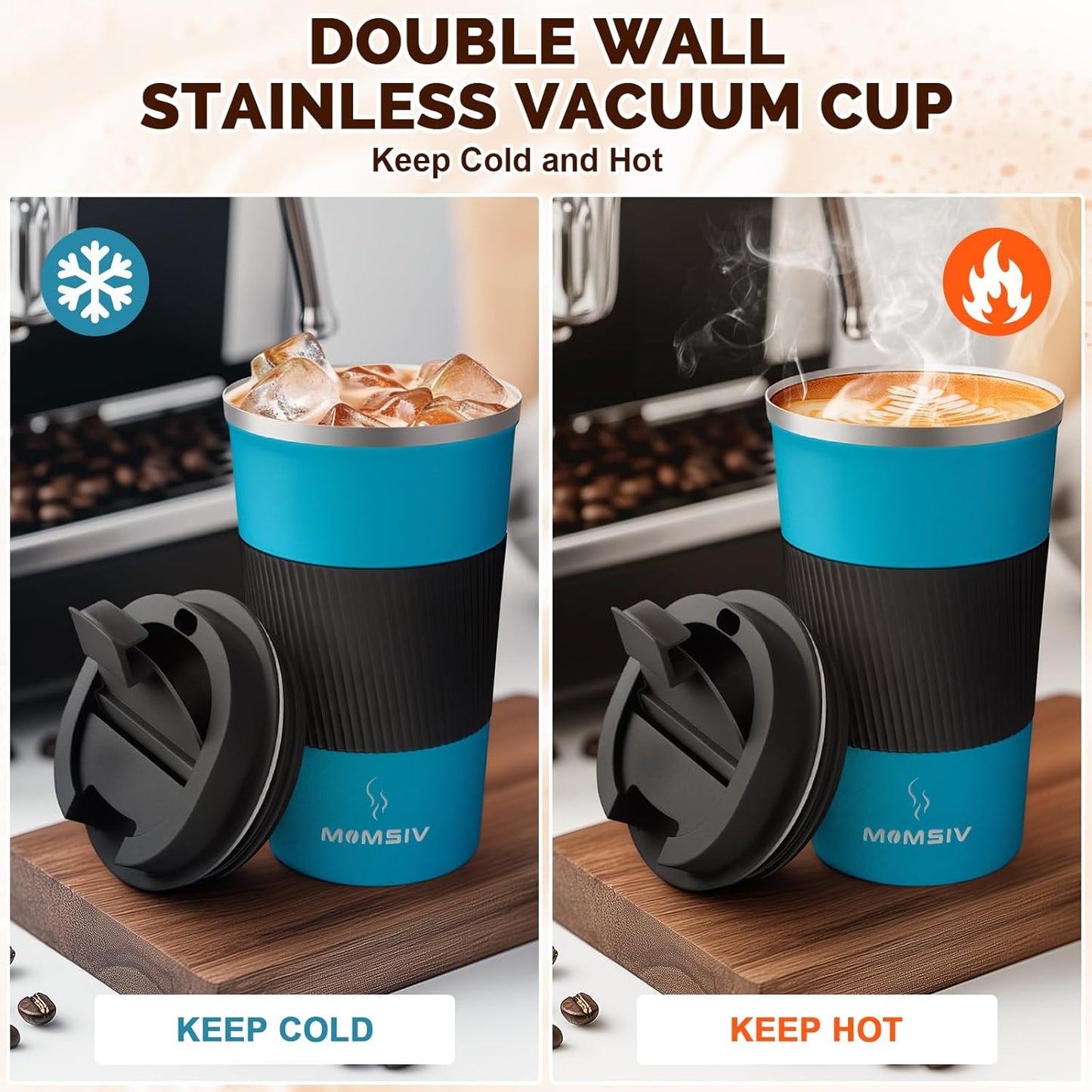 MOMSIV 12oz Travel Mug, Insulated Coffee Cup with Leakproof Lid, Travel Coffee Mug Vacuum Stainless Steel Double Walled Reusable Coffee Cup for Hot and Cold Water Coffee