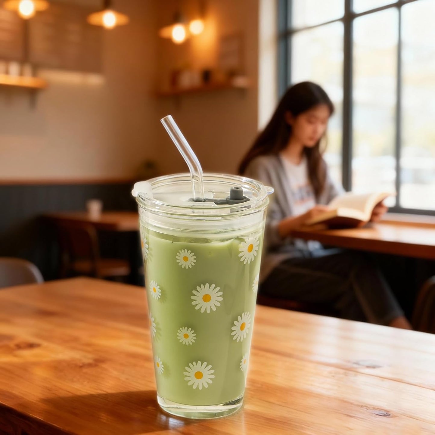 Olvini 15oz Glass Tumbler with Straw and Lid, Cute Iced Coffee Cups, Aesthetic Glass Cups, Coffee Tumbler, Water Cup, Matcha Cup, Drinking Glasses (Clear)