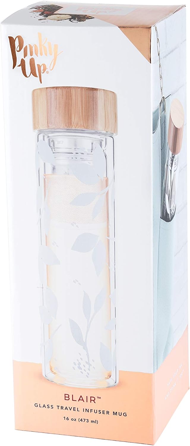 Pinky Up Blair Travel Tea Infuser Mug, Double Walled Insulated Travel Tumbler with Loose Leaf Tea Strainer, Travel Coffee Mug, Keeps Drinks Hot or Cold, 16 oz, White Leaf